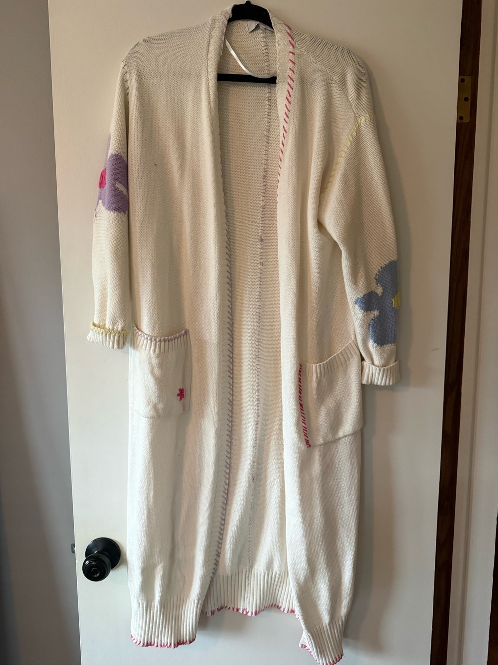 John + Jenn Cream Longline Open Cardigan with Floral Sleeve Accents